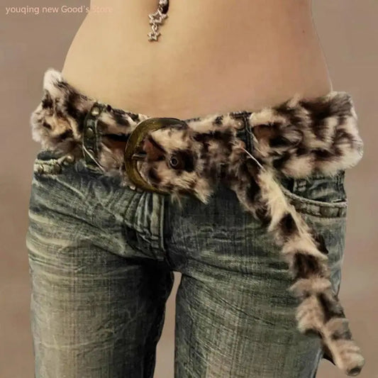 Women's Plush Animal Print Western Waist Belt - Adjustable Furry Leopard Cincher