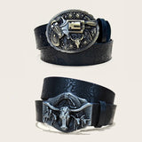 Western PU Leather Belt for Men & Women – Floral Engraved with 3D Pewter Gun Buckle