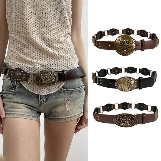 Western Cowgirl Belt for Women - Retro Y2K Spliced Round Buckle Jeans