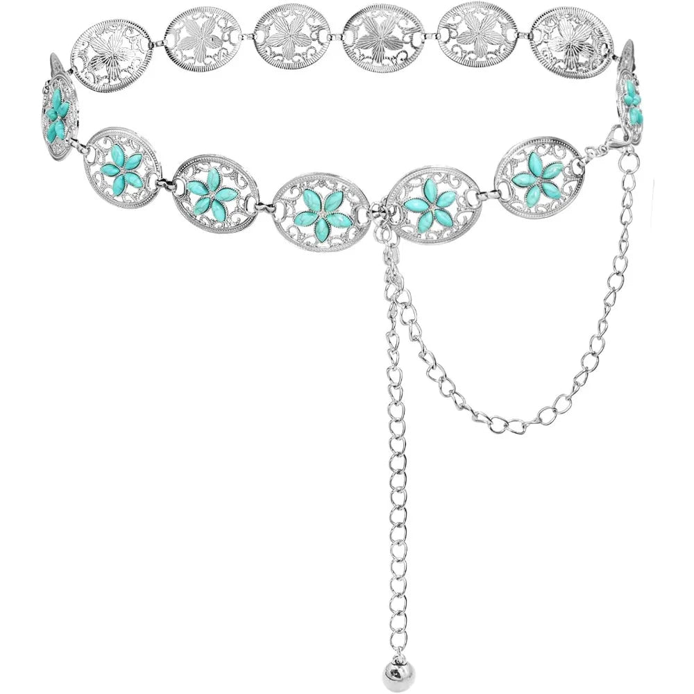Women's Western Turquoise Concho Chain Belt - Adjustable Cowgirl Style
