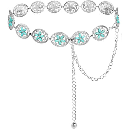 Women's Western Turquoise Concho Chain Belt - Adjustable Cowgirl Style