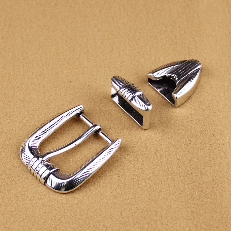 Western Cowboy Engraved 25mm Belt Buckle Set - Antique Silver 3-Piece