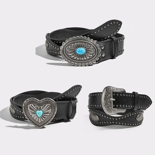 Unisex Studded Western Leather Waist Belt – Fashionable Punk Style & Unique Buckle