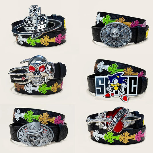 Unisex Colorful Lychee Pattern PU Leather Belt – Gothic, Western & Punk Jeans Style