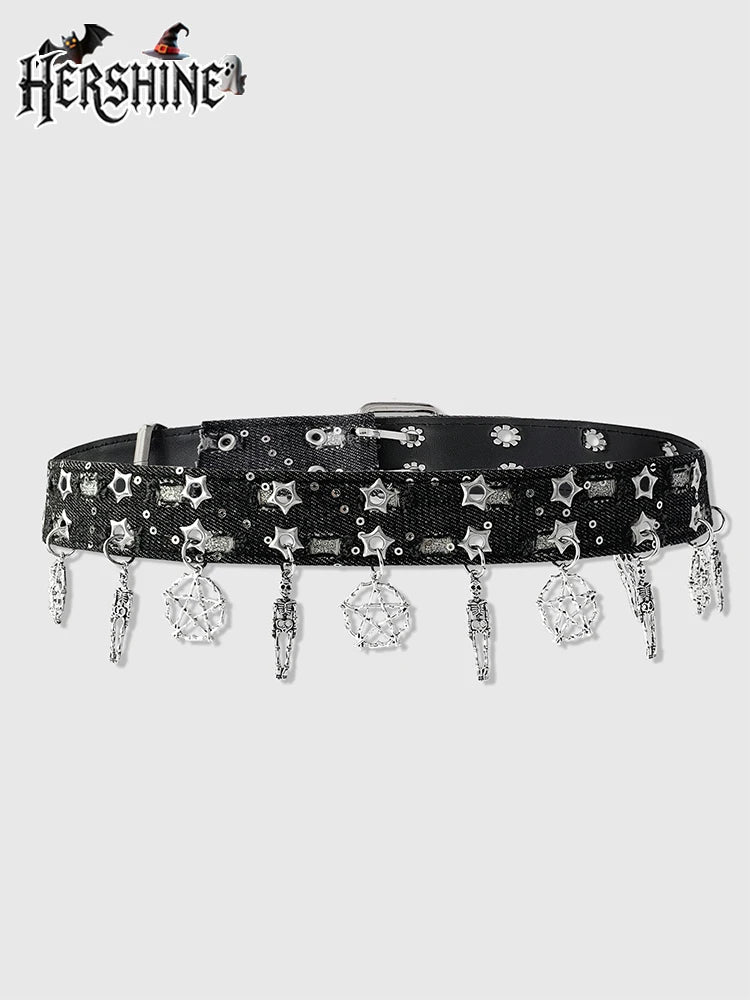 Women's Black Pentagram Eye Y2K Punk Western Leather Belt