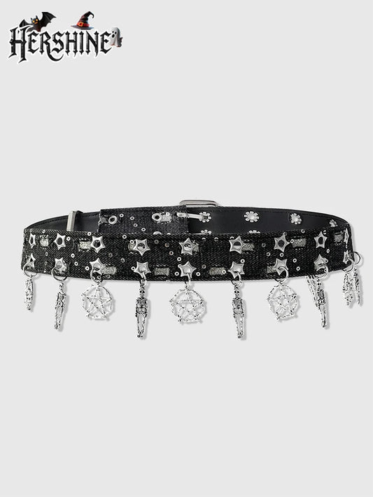 Women's Black Pentagram Eye Y2K Punk Western Leather Belt