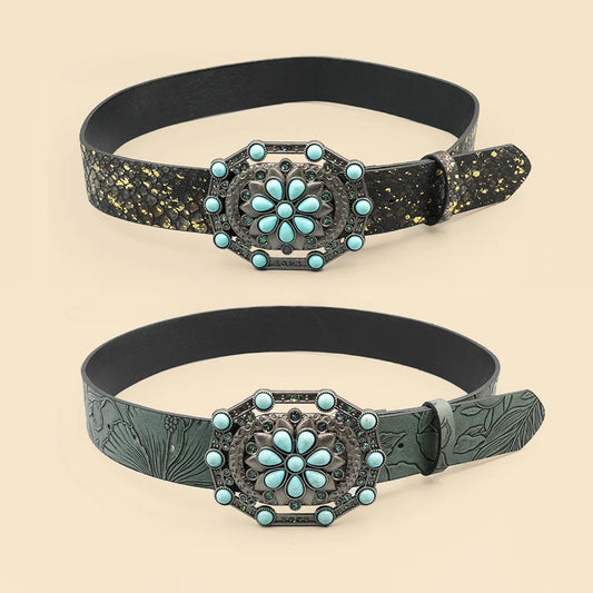 Western Cowgirl Engraved Leather Belt for Women Men – Gemstone Inlaid
