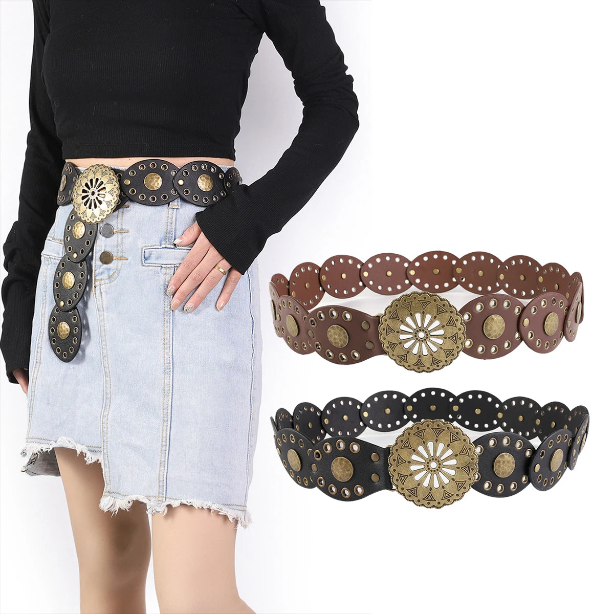Women's Retro Western Wide Belt – Round Hollow Metal Buckle, PU Leather