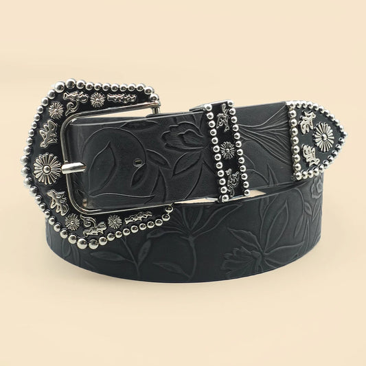 Women's Vintage Western Belt – Black Carved Buckle & Leaf Print