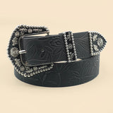 Women's Vintage Western Belt – Black Carved Buckle & Leaf Print