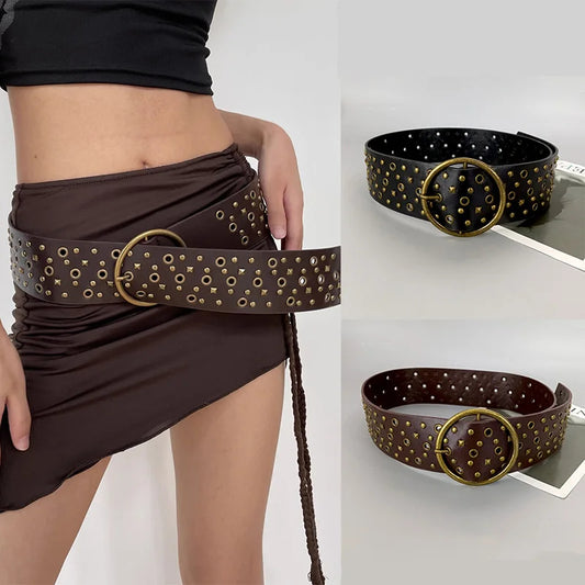 Women's Wide Vintage Studded PU Leather Belt – Y2K Western Style