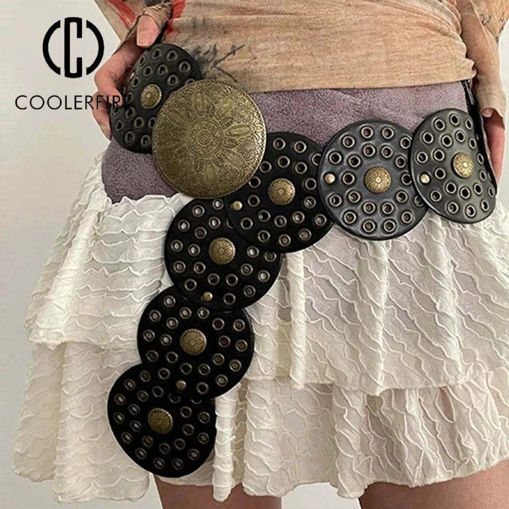 Vintage Western Metal Disc Waist Belt for Women's Dresses - Y2K Wide Fashion Band