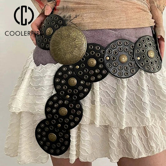 Vintage Western Metal Disc Waist Belt for Women's Dresses - Y2K Wide Fashion Band