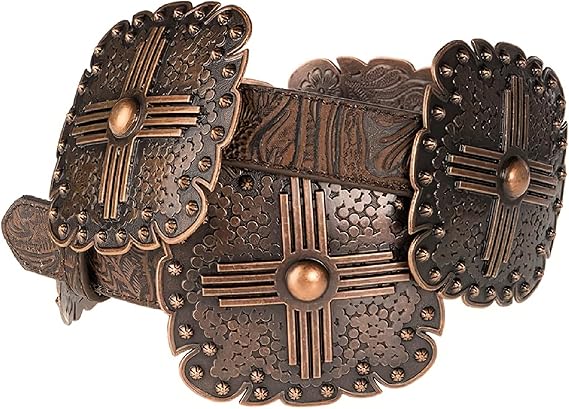 Women's Floral Embossed Leather Belt – Square Conchos