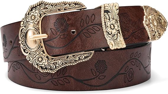 Women's Vintage Western Belt – Gold Floral Buckle