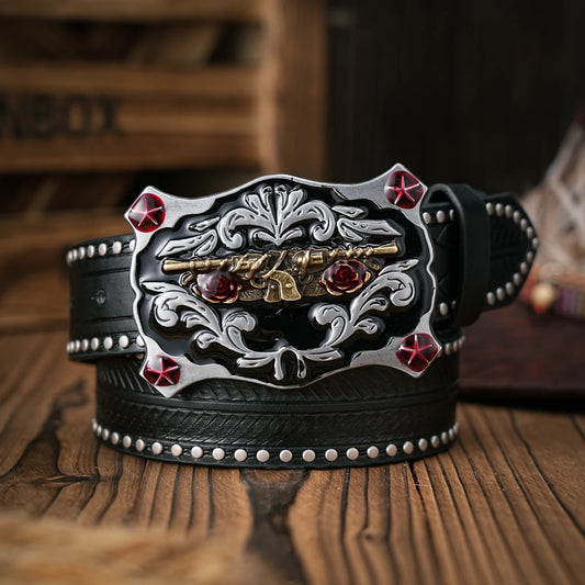 Unisex Vintage Western PU Leather Belt with Floral Carved Buckle for Jeans