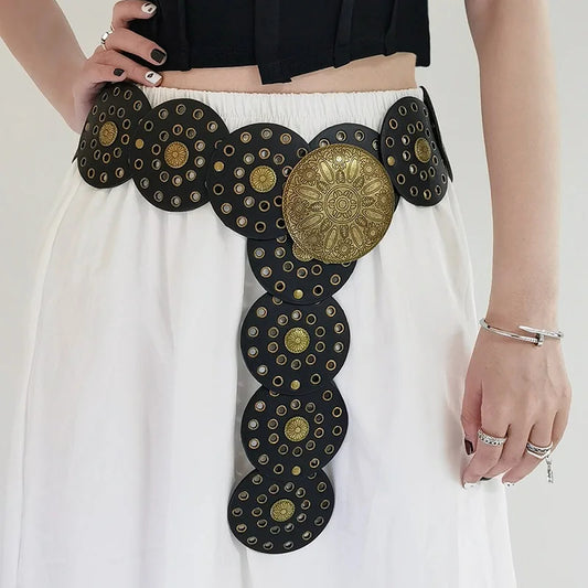 Women's Vintage Western PU Leather Wide Belt – Hollow Metal Buckle