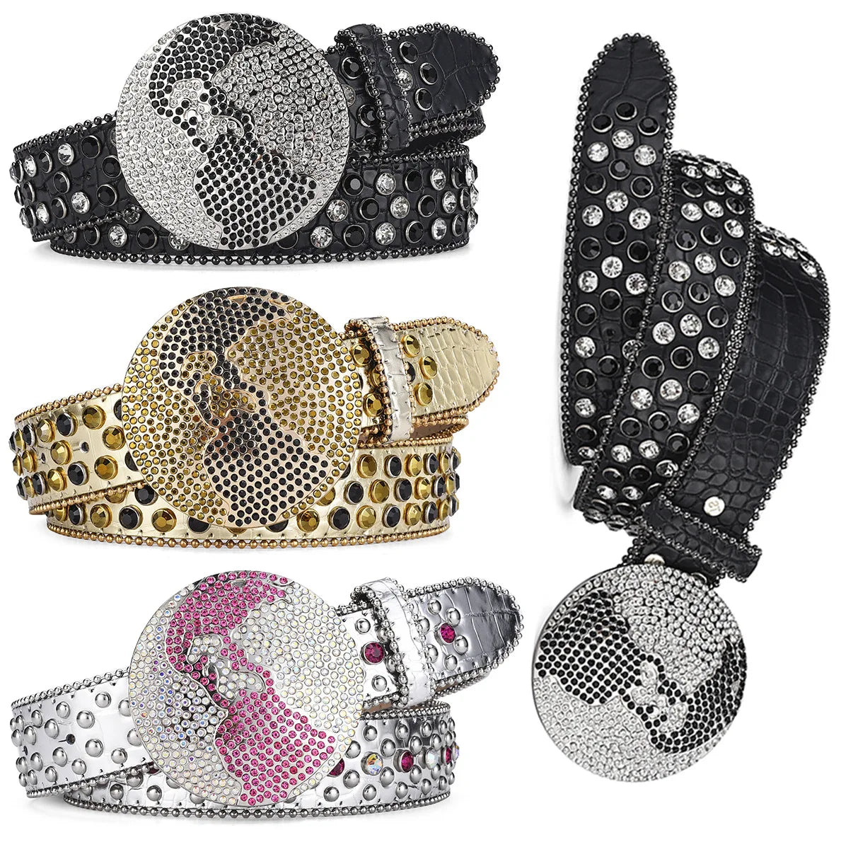 Unisex Western Rhinestone Belt – Dazzling Crystal Round Buckle | PU Leather