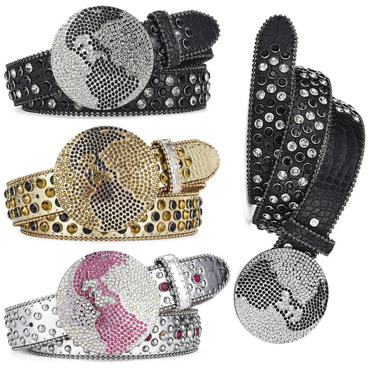 Unisex Western Rhinestone Belt – Dazzling Crystal Round Buckle | PU Leather