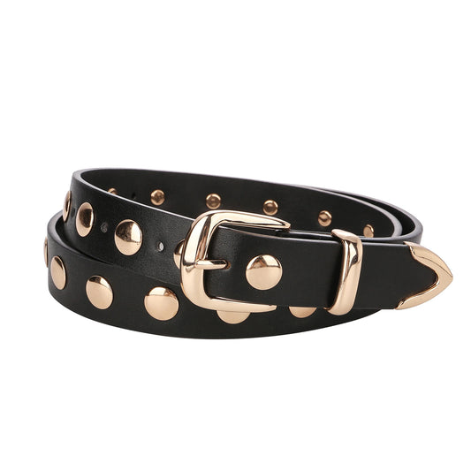 Women's Studded Punk Western Leather Belt – Adjustable Waist for Jeans & Dresses