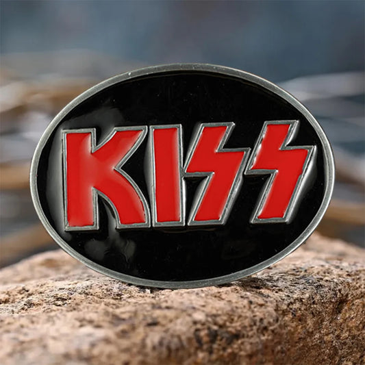 KISS Logo Embossed Men's Belt Buckle - Red & Black Novelty Rock Fan Accessory