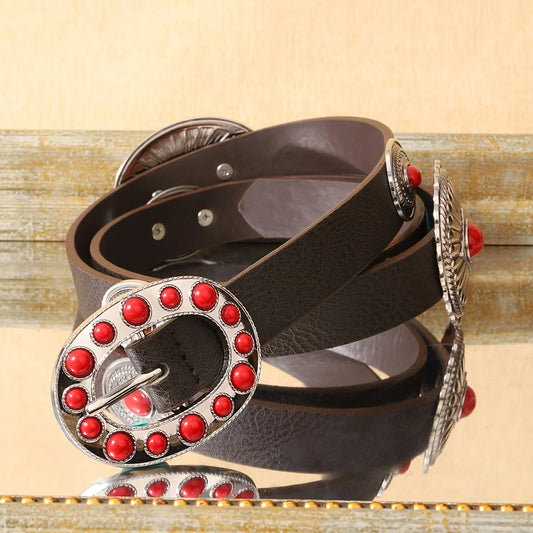 Women's Retro PU Leather Belt - Casual Western Style, Red/Black