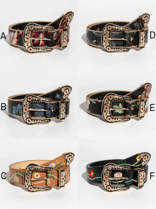 Women's Vintage Western Floral PU Leather Belt - Embossed & Embroidered