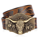 Bison Denim Men's Western Genuine Leather Belt – Longhorn Bull Buckle