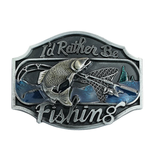 Western Cowboy "I'd Rather Be Fishing" Enamel Belt Buckle for Men