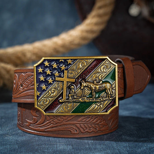 Western Cowboy PU Leather Belt with Horse & Floral Buckle for Men Women Jeans