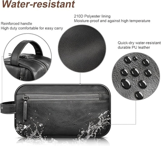 Black Water-Resistant Leather Toiletry Bag for Travel