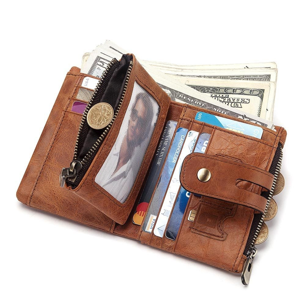 Men’s Bifold Genuine Leather Wallet with Double Zipper, RFID Blocking, Card Holder & Coin Pocket
