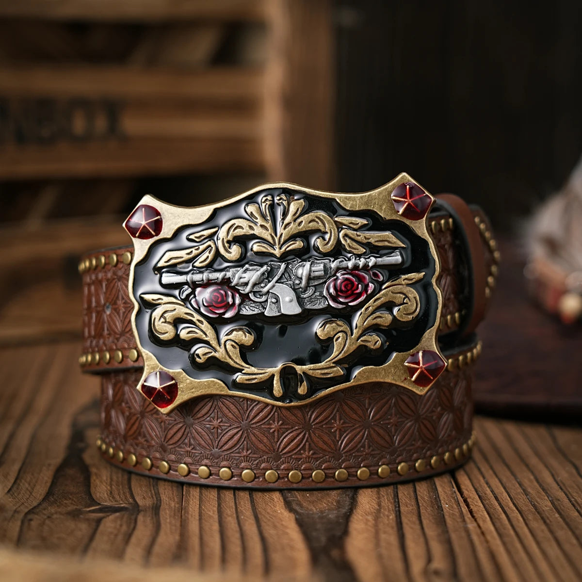 Unisex Vintage Western PU Leather Belt with Floral Carved Buckle for Jeans