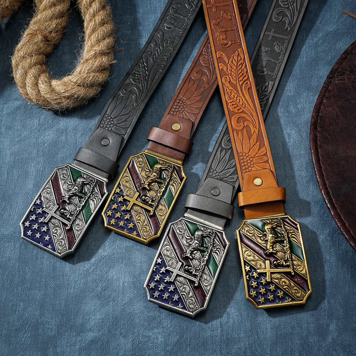 Western Cowboy PU Leather Belt with Horse & Floral Buckle for Men Women Jeans