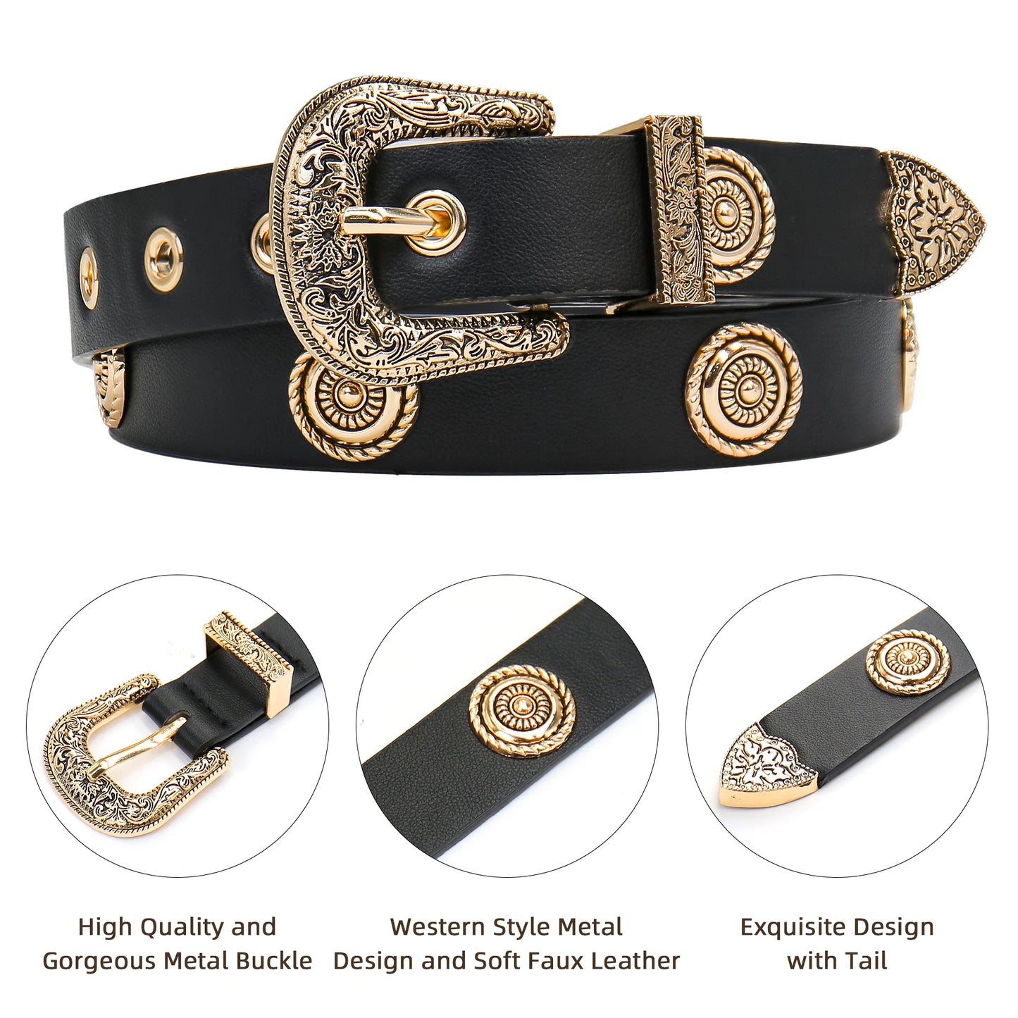 Women's Studded Faux Leather Belt - Western Punk Style for Dresses & Jeans