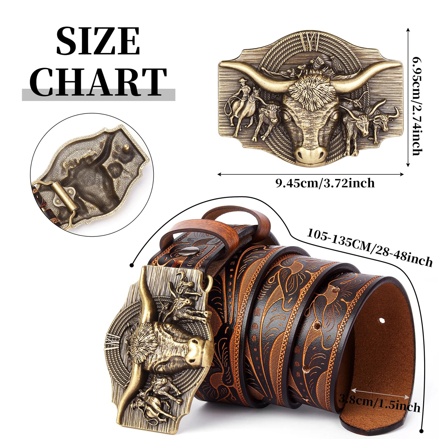 Bison Denim Men's Western Genuine Leather Belt – Longhorn Bull Buckle