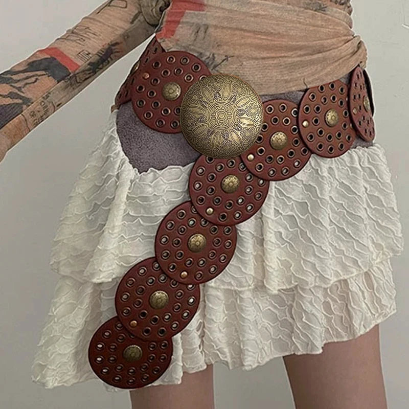 Vintage Western Metal Disc Waist Belt for Women's Dresses - Y2K Wide Fashion Band