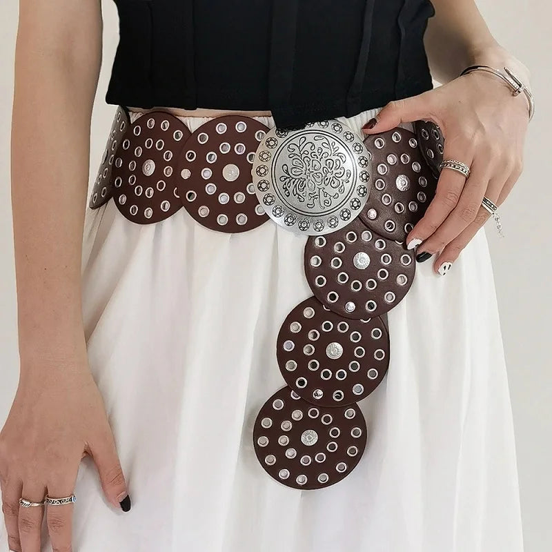Women's Vintage Western PU Leather Wide Belt – Hollow Metal Buckle