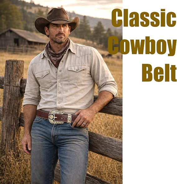 Genuine Leather Western Cowboy Belt – Engraved Buckle
