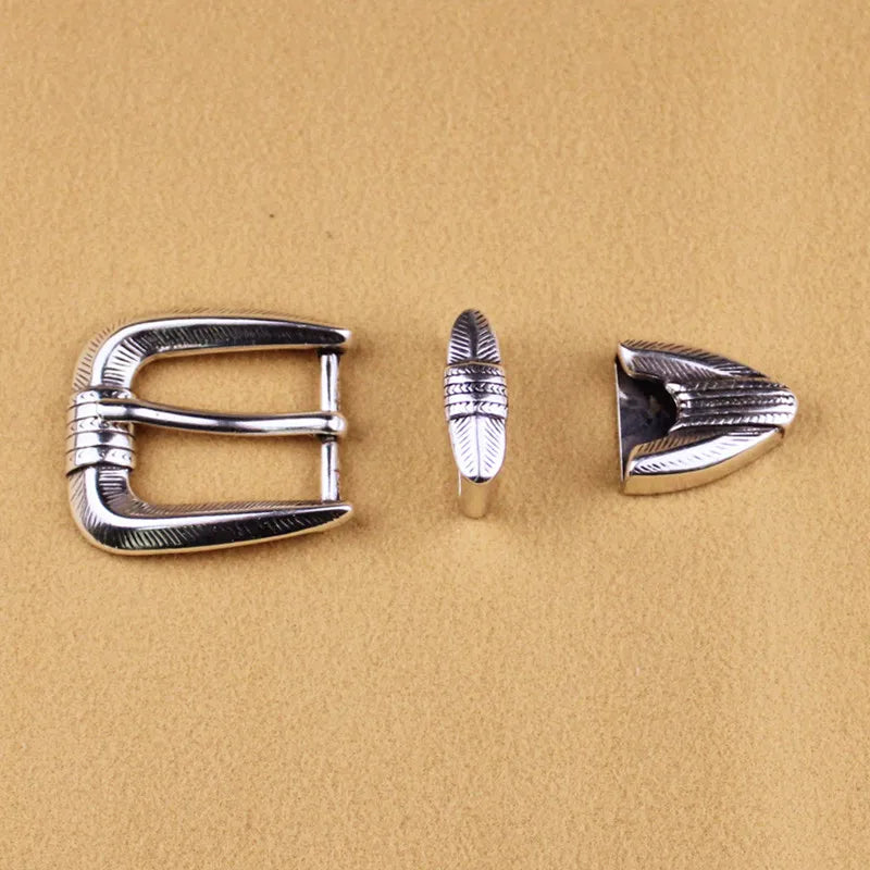 Western Cowboy Engraved 25mm Belt Buckle Set - Antique Silver 3-Piece