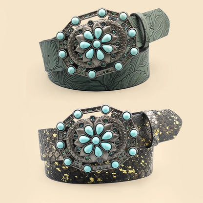 Western Cowgirl Engraved Leather Belt for Women Men – Gemstone Inlaid