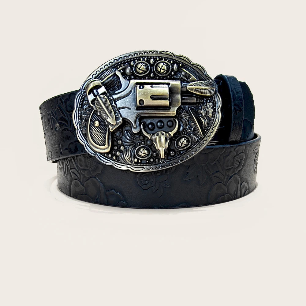 Western PU Leather Belt for Men & Women – Floral Engraved with 3D Pewter Gun Buckle