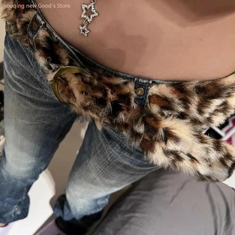 Women's Plush Animal Print Western Waist Belt - Adjustable Furry Leopard Cincher