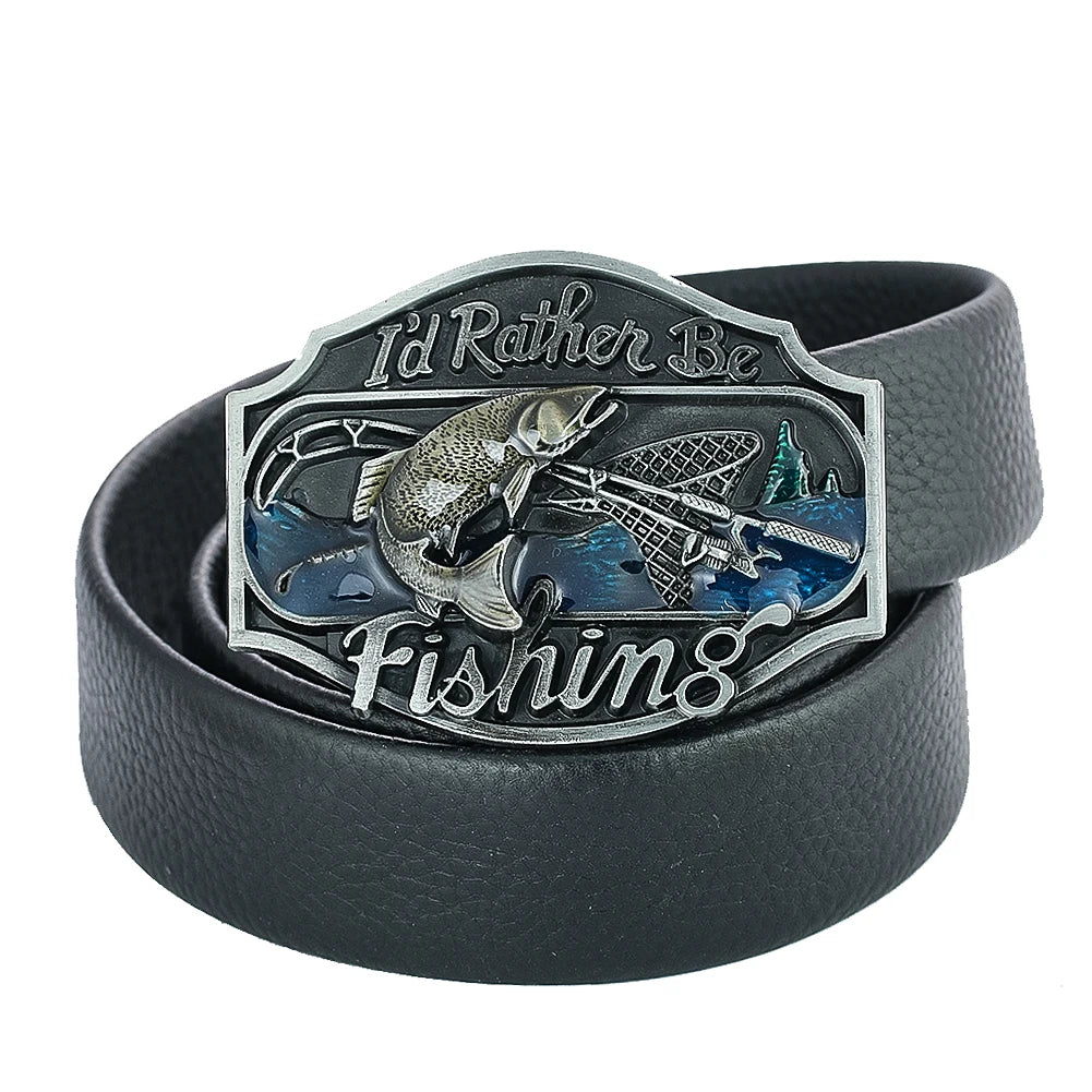 Western Cowboy "I'd Rather Be Fishing" Enamel Belt Buckle for Men