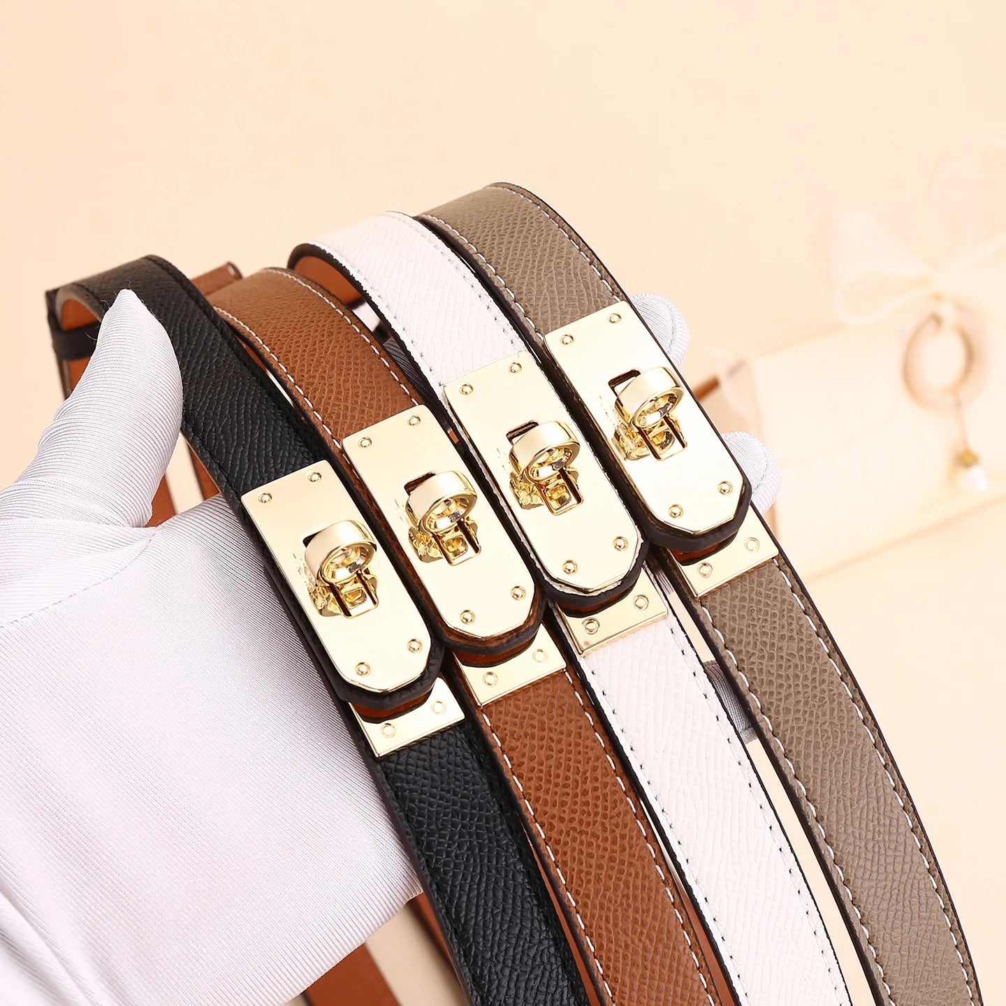 Women's Adjustable Western Brown Skinny Leather Belt with Gold Turn Lock Buckle