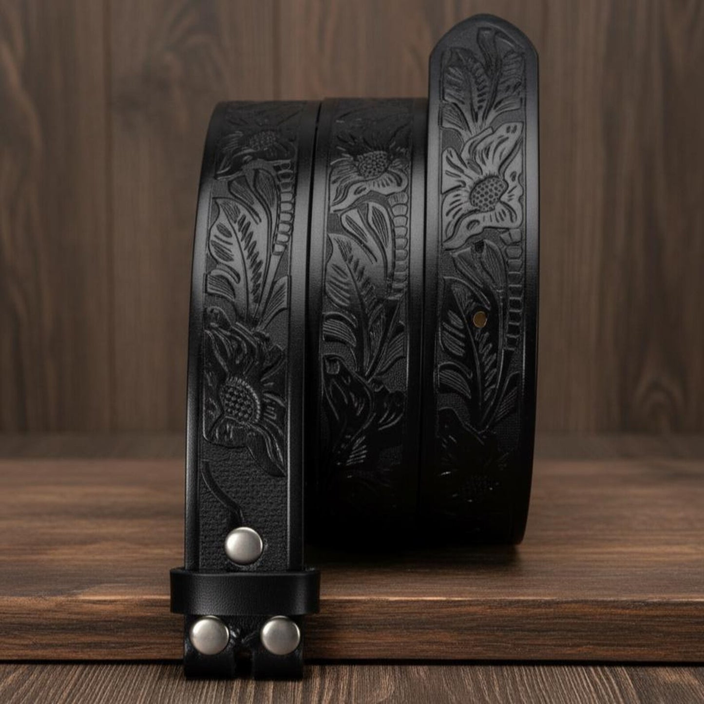 All-Black Embossed Western Leather Belt – Interchangeable
