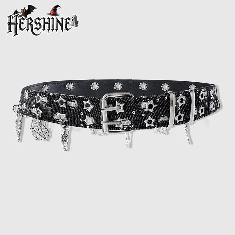Women's Black Pentagram Eye Y2K Punk Western Leather Belt