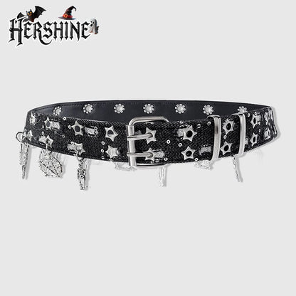 Women's Black Pentagram Eye Y2K Punk Western Leather Belt