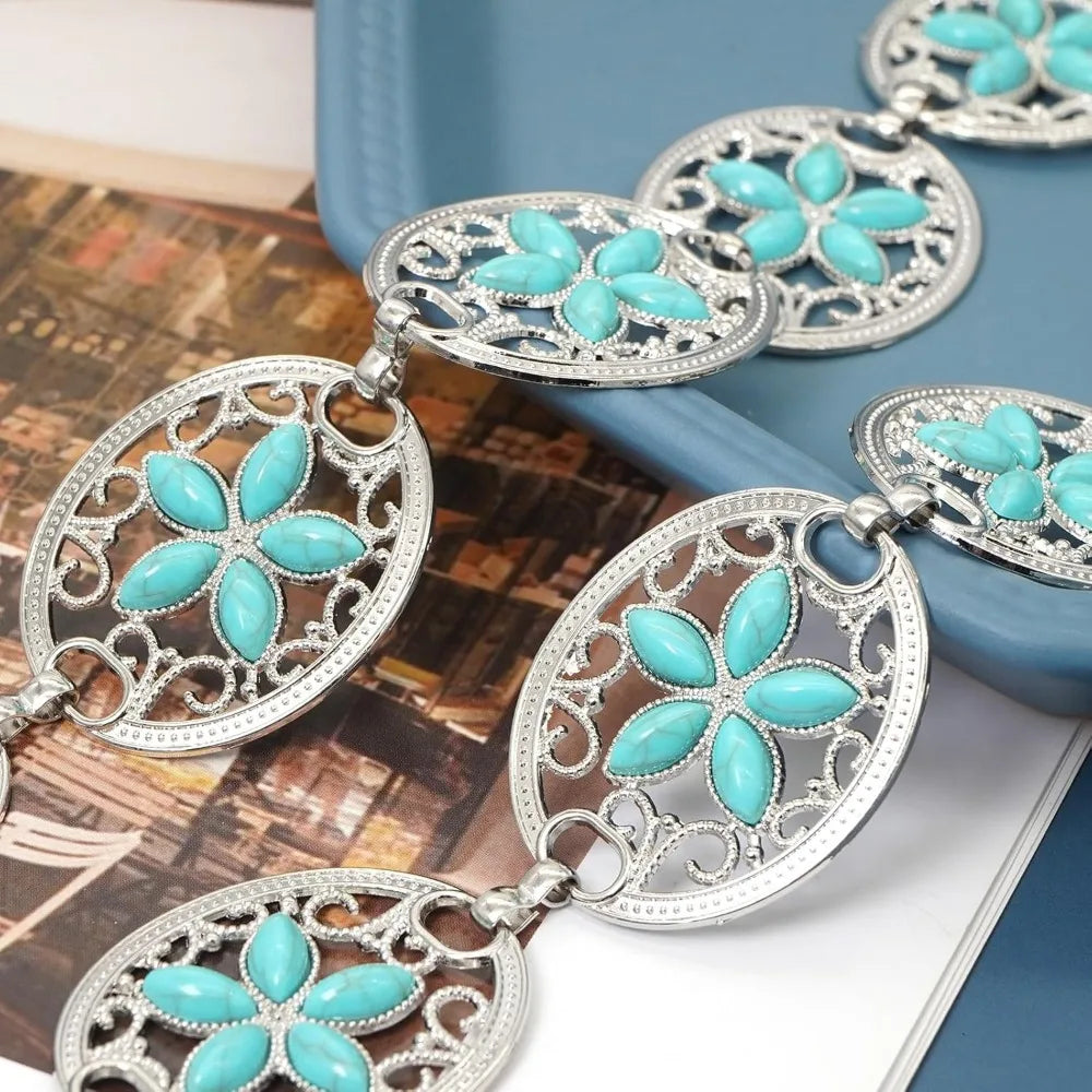 Women's Western Turquoise Concho Chain Belt - Adjustable Cowgirl Style