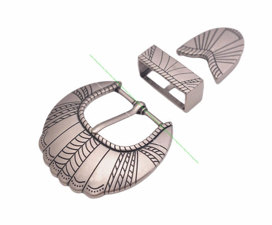 3-Pc Set Antique Silver 30mm Western Flower Belt Buckle for Men DIY Leathercraft